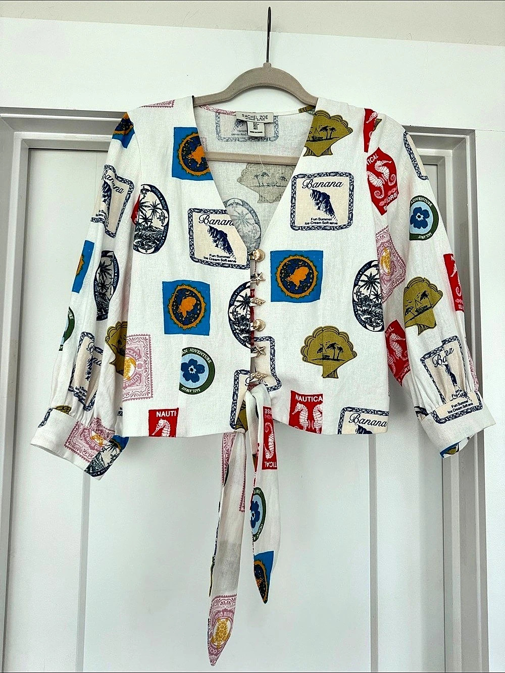 Rachel Zoe Nautical Print Cropped Shirt in White & Blue Size Small